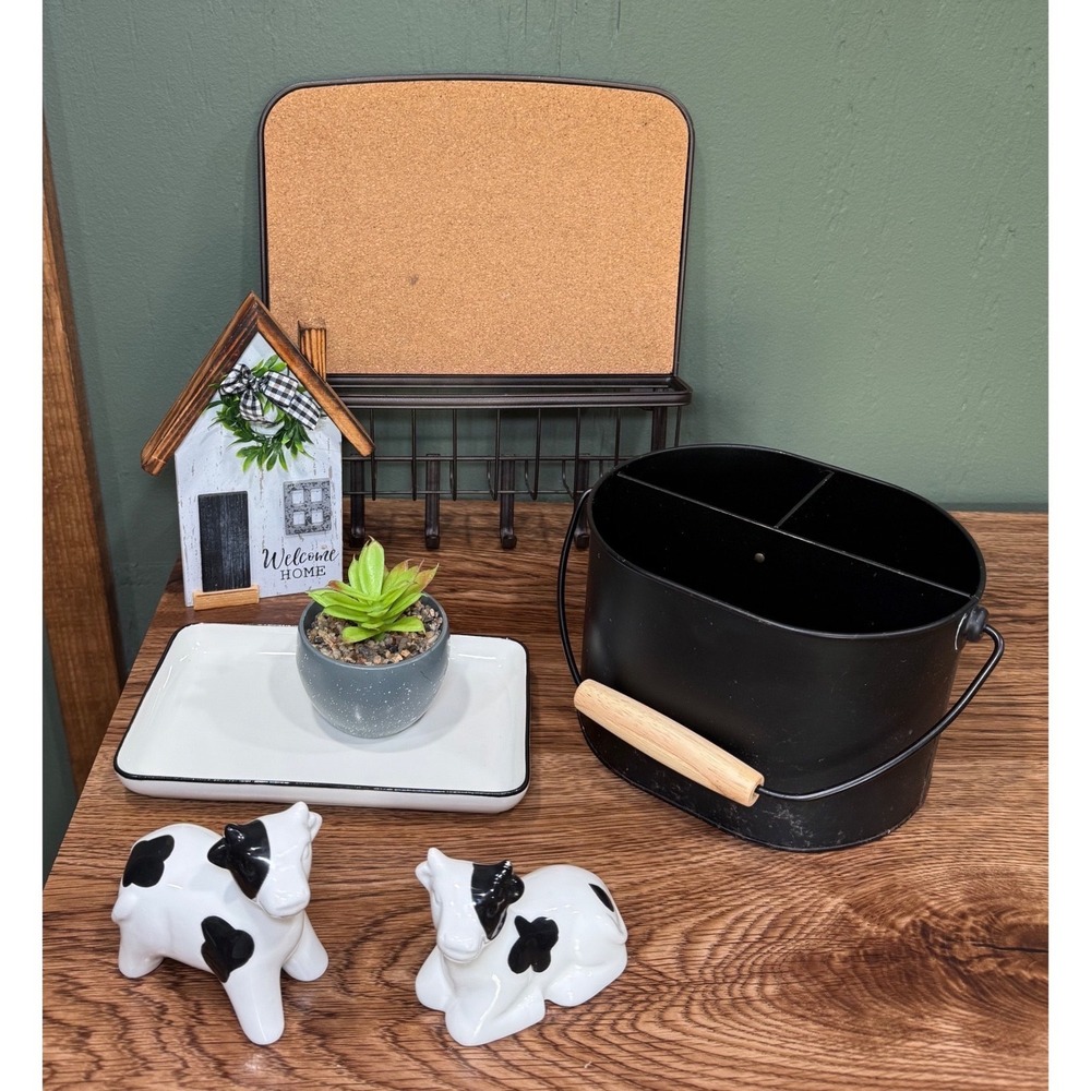 Farmhouse Home Decor Bundle Dish Cow Figurines Caddy Cork Board Hang Organizer